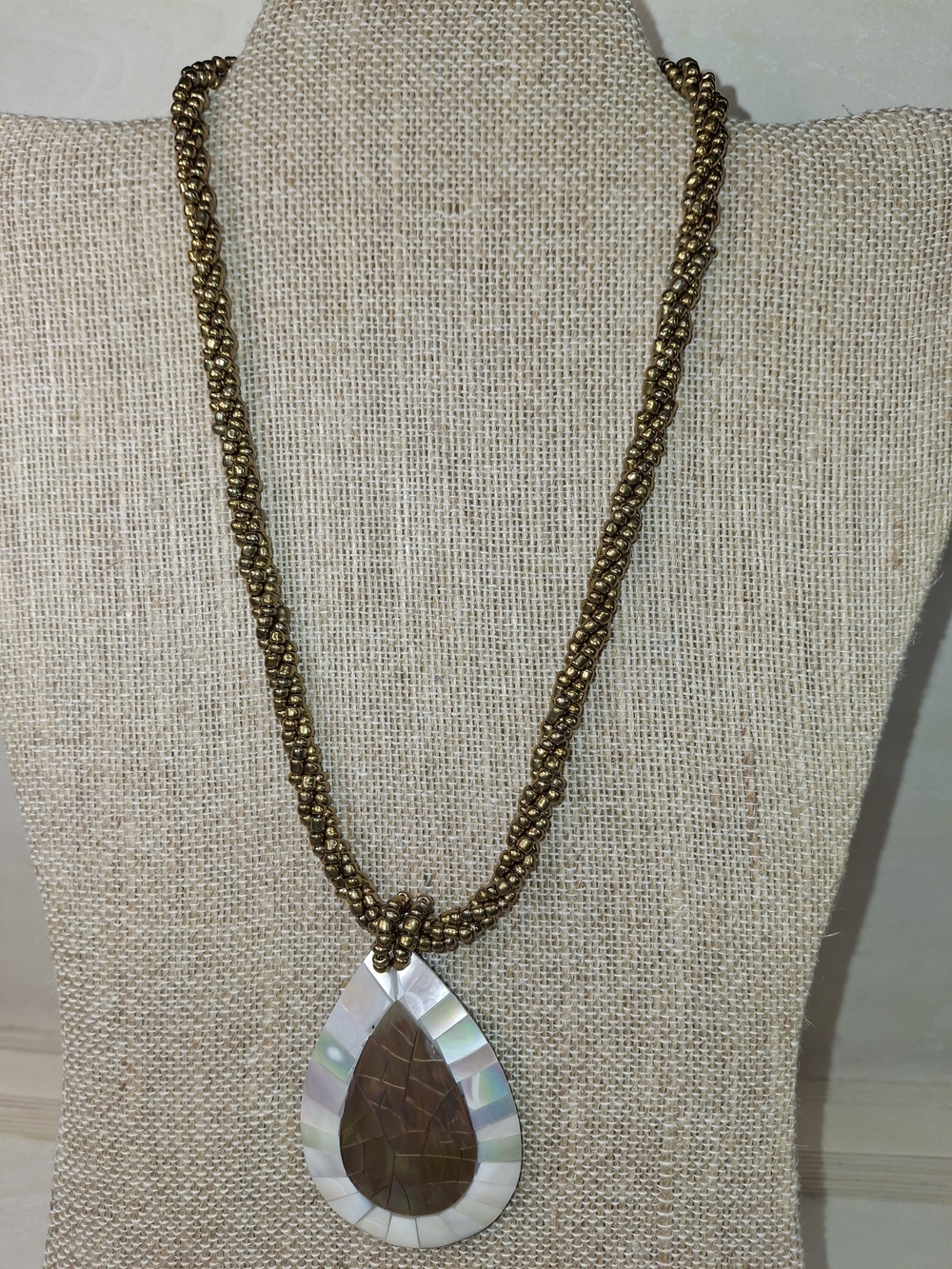Handcrafted Gold-Tone Beaded Necklace with Iridescent Teardrop Pendant